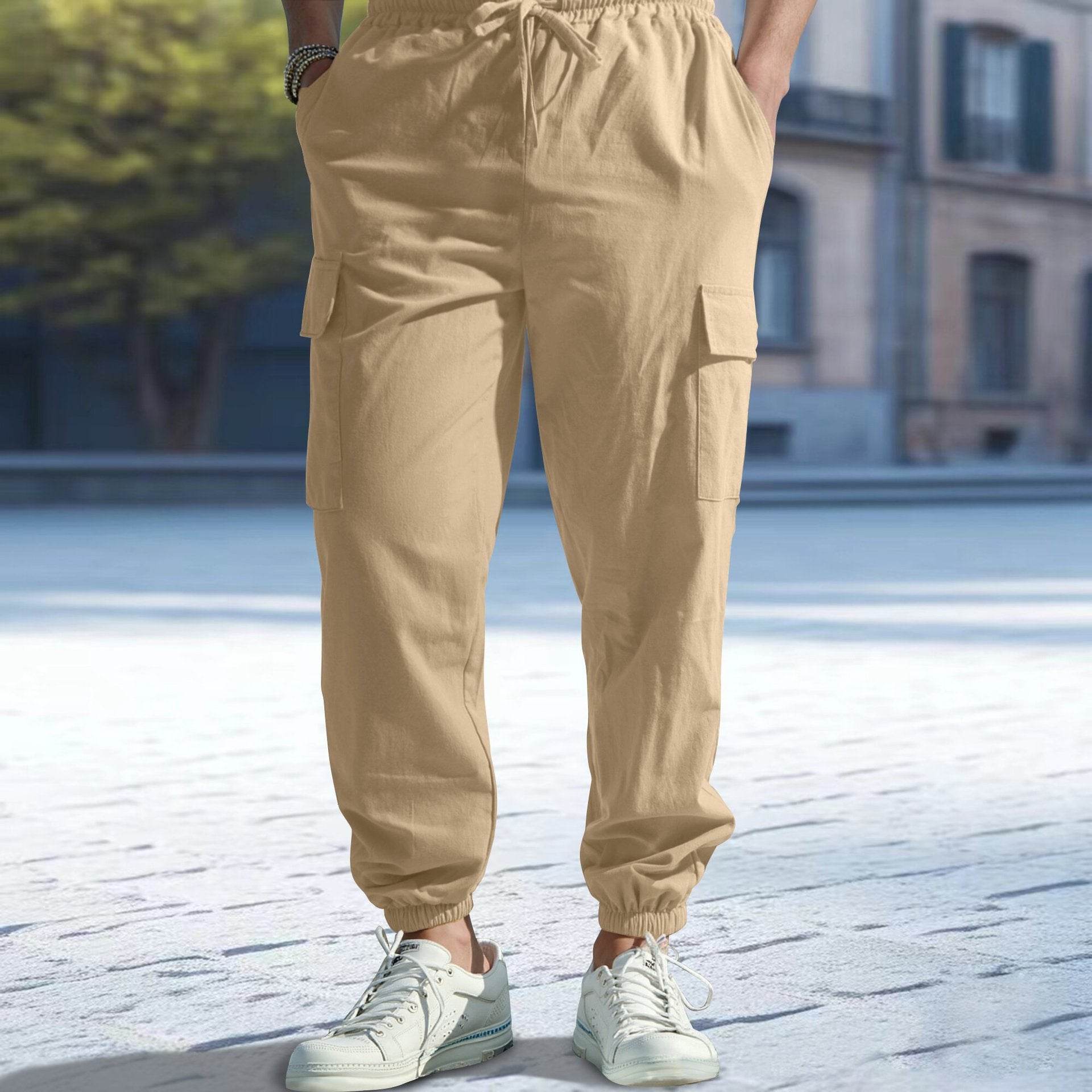 Buycenter Men's Casual Multi-Pocket Ankle Pants - Cotton & Linen Blend - Buy Center