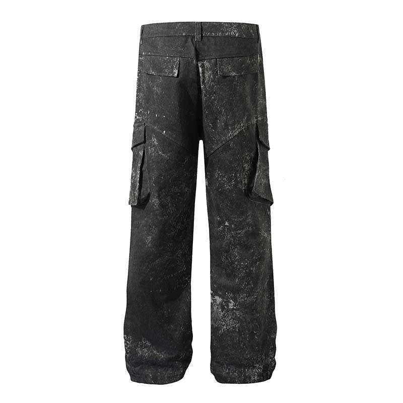 Men's Distressed Cargo Pants - Multi-Pocket, Trendy Splashed Ink Style - Buy Center