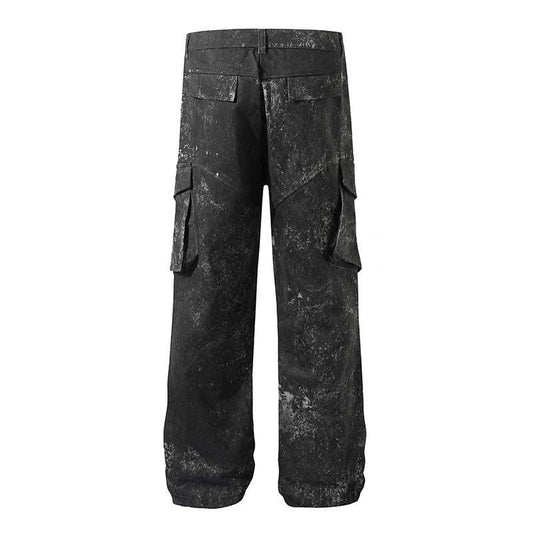 Men's Distressed Cargo Pants - Multi-Pocket, Trendy Splashed Ink Style - Buy Center