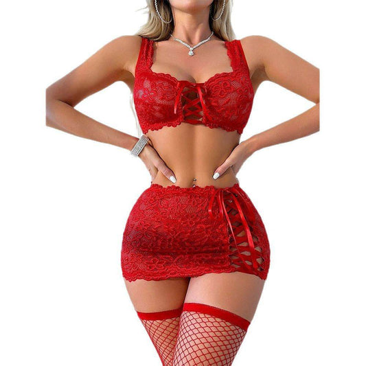 Buycenter Lace See-Through Bra Skirt T-back 3-Piece Set for Women - Buy Center