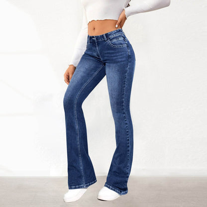 Buycenter Women's Retro Washed Denim Stretch Pants - High Waist, Comfy Fit - Buy Center