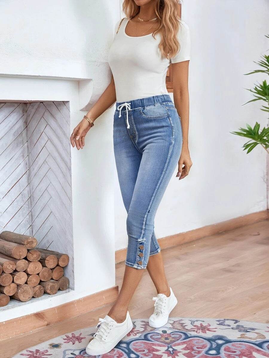 Buycenter Women's Stretch Jeans - Elastic Waistband & Lace-up Design - Buy Center