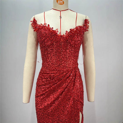 Drop-Shaped Diamond Red Paillette Dress - Sexy Low-Cut Tube Style - Buy Center