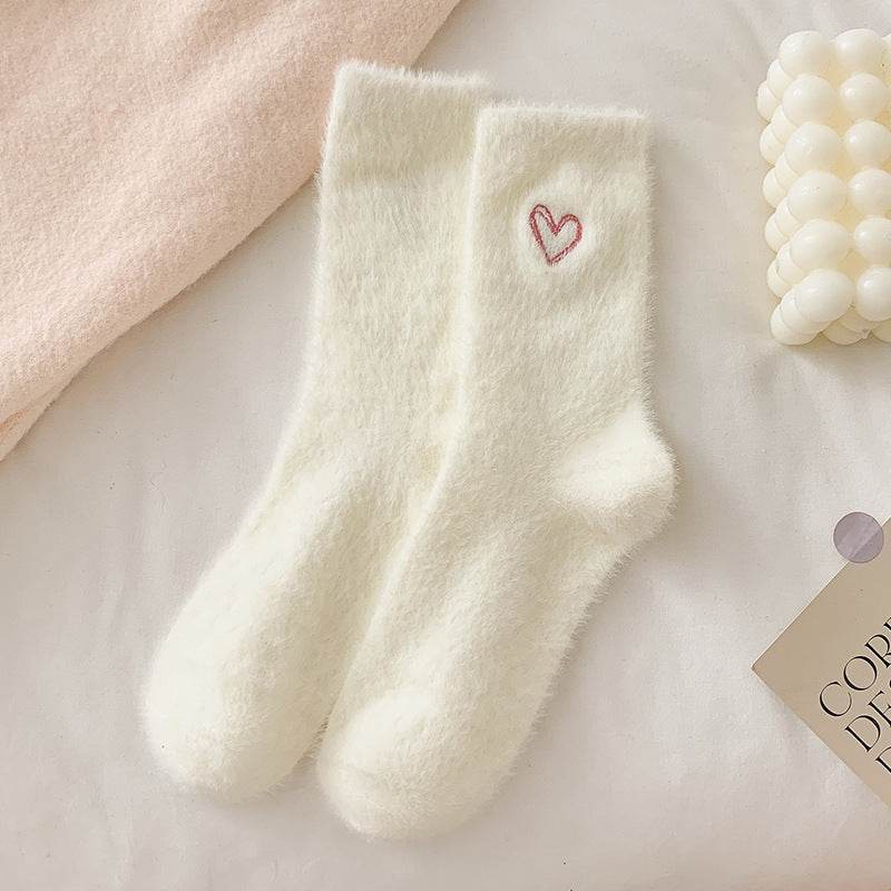 Women's Love Embroidered Plush Socks - Cozy Mink Fur, Non-Slip Design - Buy Center