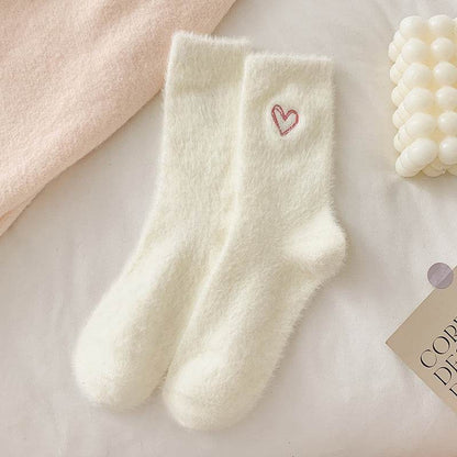 Women's Love Embroidered Plush Socks - Cozy Mink Fur, Non-Slip Design - Buy Center