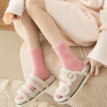 Women's Love Embroidered Plush Socks - Cozy Mink Fur, Non-Slip Design - Buy Center