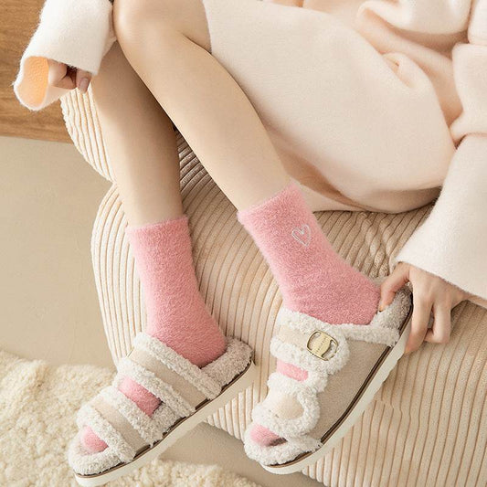 Women's Love Embroidered Plush Socks - Cozy Mink Fur, Non-Slip Design - Buy Center