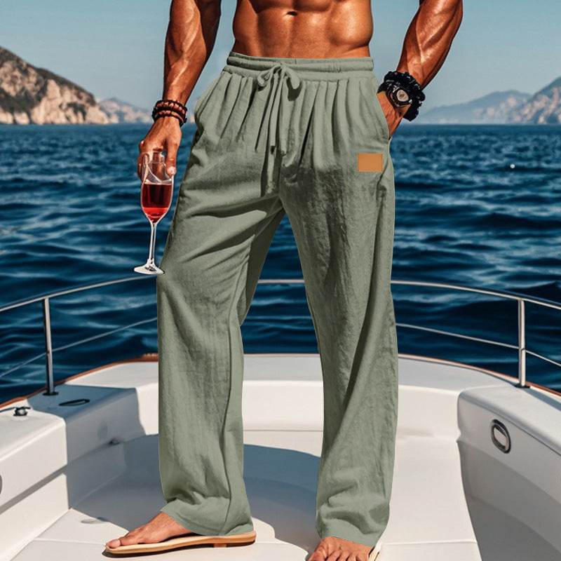 Buycenter Men's Cotton Linen Drawstring Pants - Casual Straight Leg Style - Buy Center