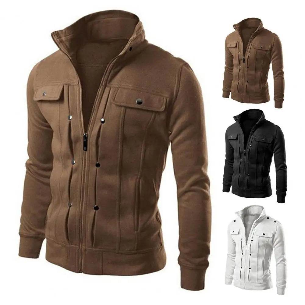 Men's Solid Color Stand Collar Jacket - Casual Zipper Closure Outerwear - Buy Center