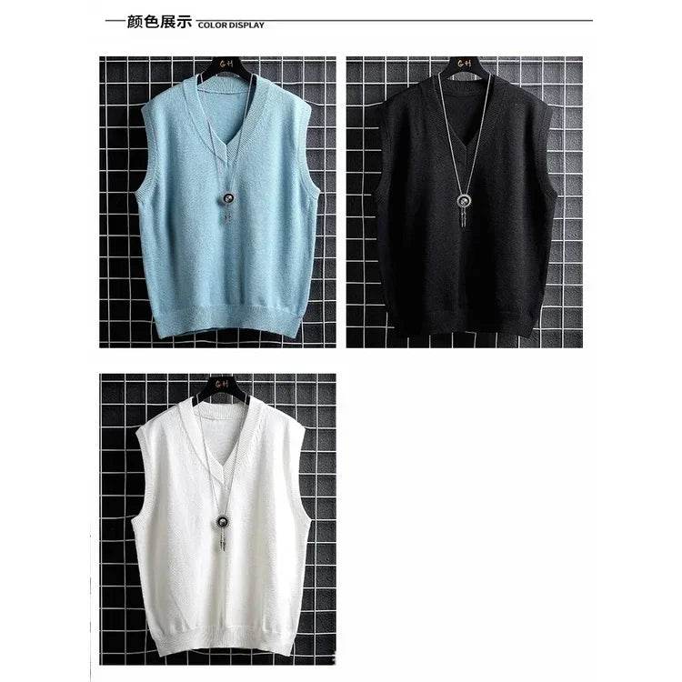 Casual Men's White Sweater Vest - Loose Solid Color Knit Waistcoat - Buy Center