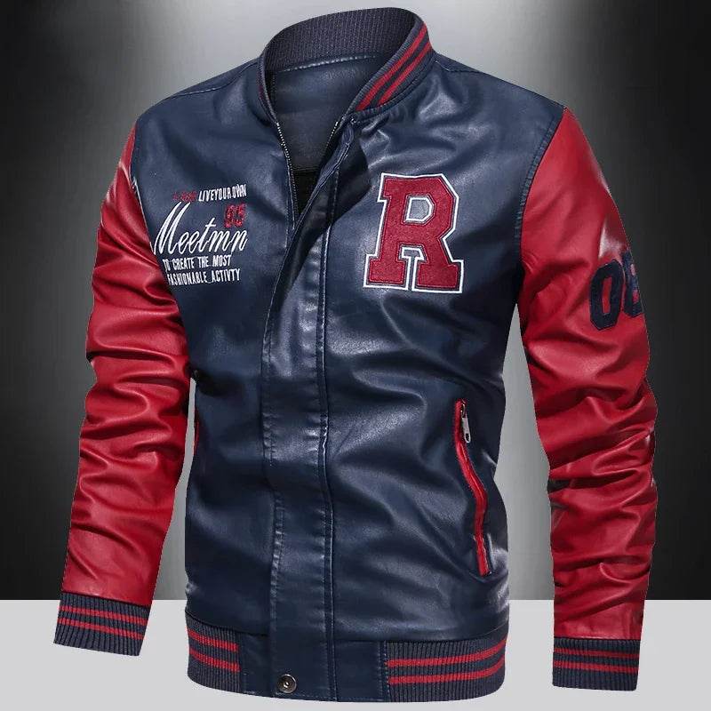 LANE JT Men's Casual PU Leather Jacket - Color Block Moto Design - Buy Center