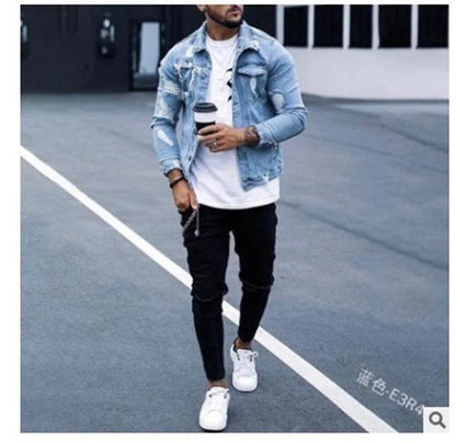 Donsignet Men's Denim Jacket - Casual Style with Irregular Wash and Holes - Buy Center