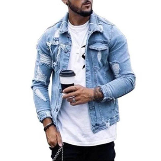 Donsignet Men's Denim Jacket - Casual Style with Irregular Wash and Holes - Buy Center