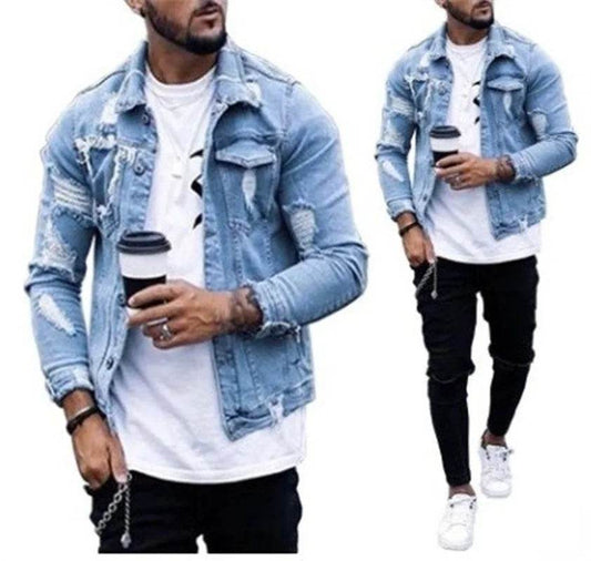 Donsignet Men's Denim Jacket - Casual Style with Irregular Wash and Holes - Buy Center
