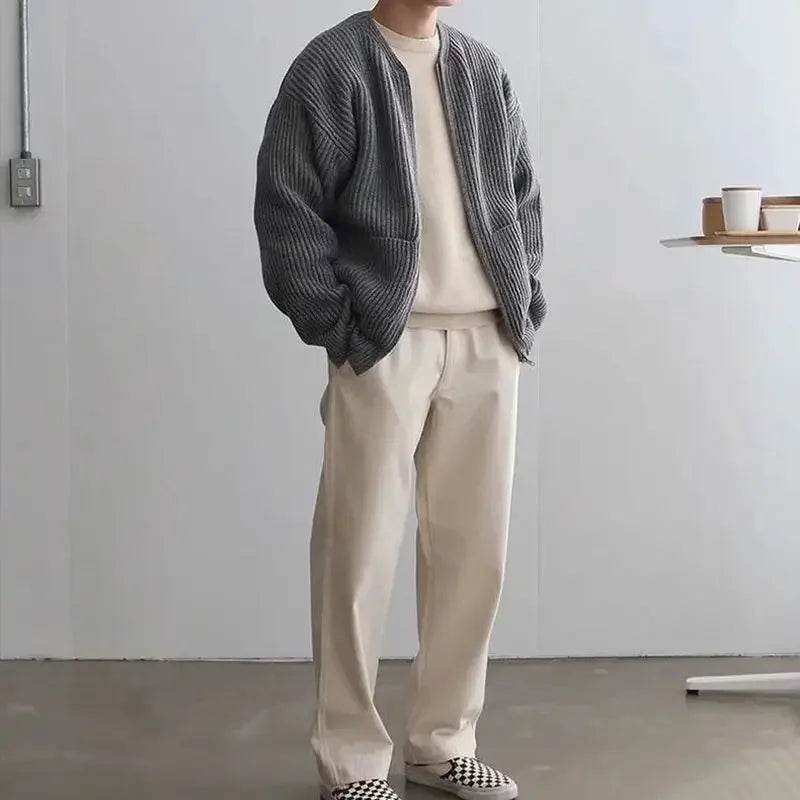 Comfortable Men's Zip Up Knitted Cardigan - Thick Long Sleeve Jumper - Buy Center