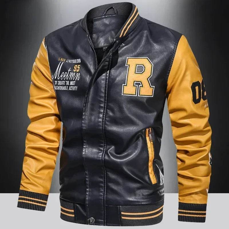 LANE JT Men's Casual PU Leather Jacket - Color Block Moto Design - Buy Center