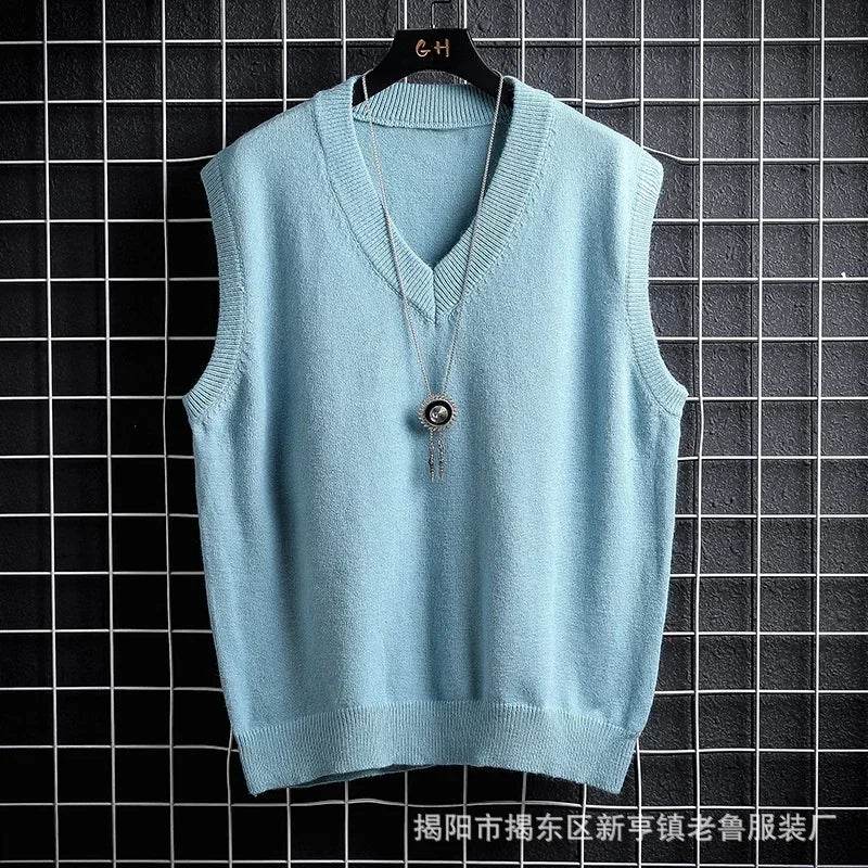 Casual Men's White Sweater Vest - Loose Solid Color Knit Waistcoat - Buy Center