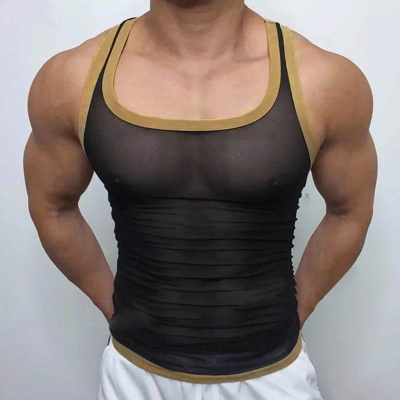 Summer 2025 Men’s Mesh Tank Top - Casual U Neck Vest in Contrast Color - Buy Center