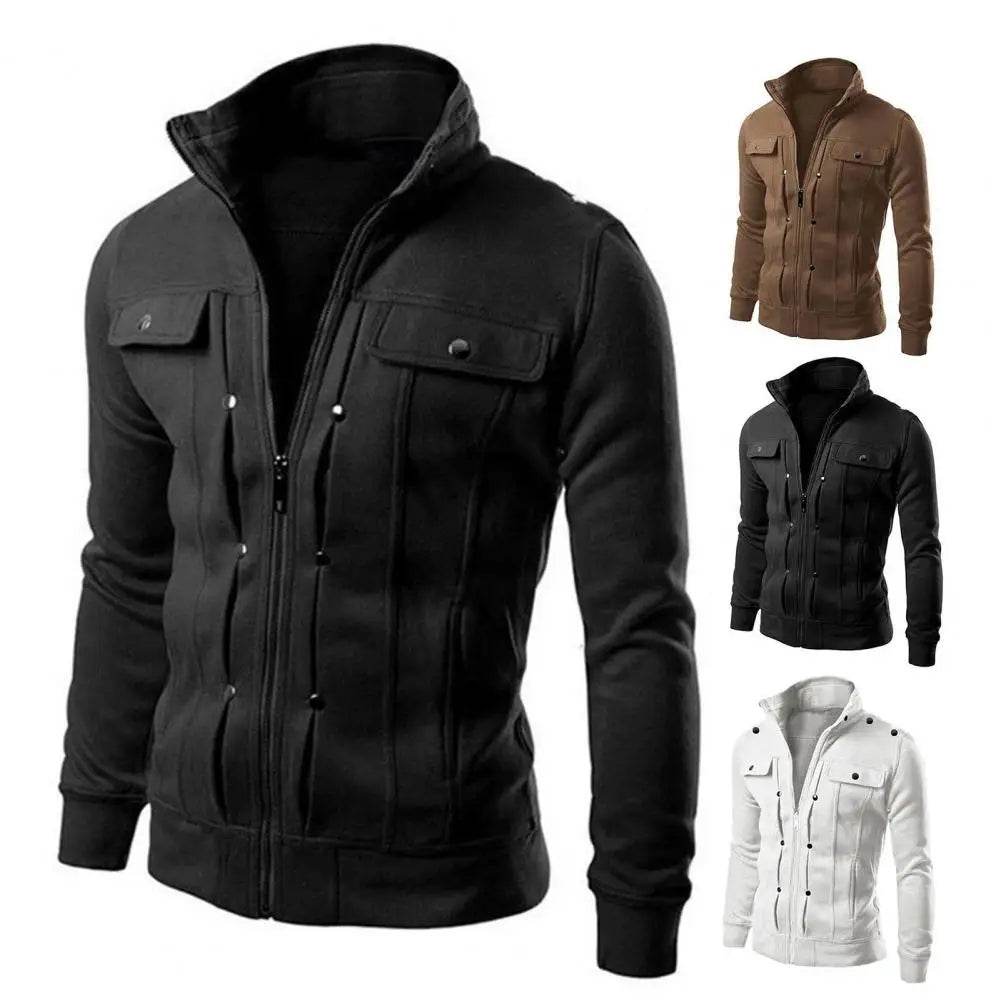 Men's Solid Color Stand Collar Jacket - Casual Zipper Closure Outerwear - Buy Center