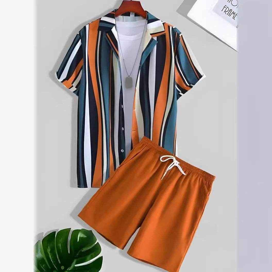 Black and White Striped Hawaiian Shirt Set for Men - Casual Summer Style