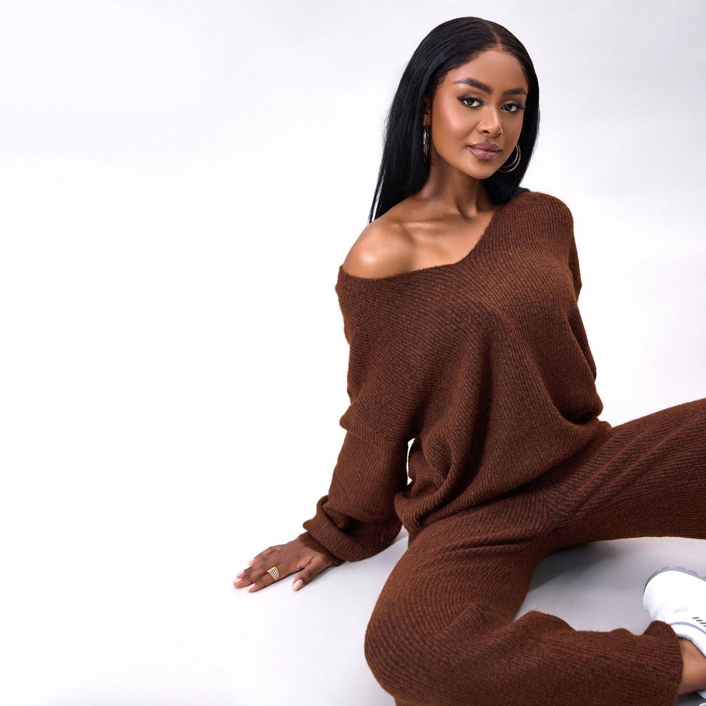 Stylish Knitted Sunken Stripe Long Sleeve Suit - Versatile Two-Piece Set - Buy Center