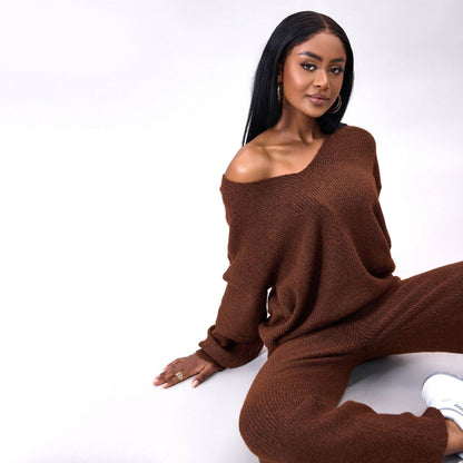 Stylish Knitted Sunken Stripe Long Sleeve Suit - Versatile Two-Piece Set - Buy Center