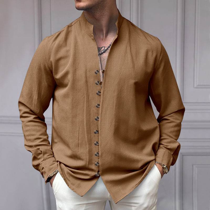 Buycenter Men's Casual Loose Linen Shirt - Ethnic Style, Long Sleeve - Buy Center