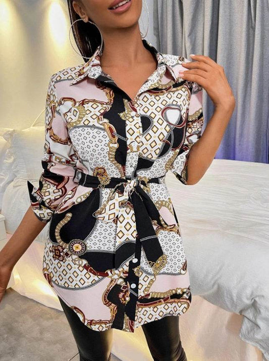 Buycenter Women's Printed Belted Shirt - Casual Long Sleeve Blouse - Buy Center