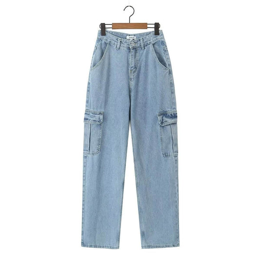 High Waist Loose Cargo Jeans for Men - Stylish Denim Blue Boyfriend Fit - Buy Center
