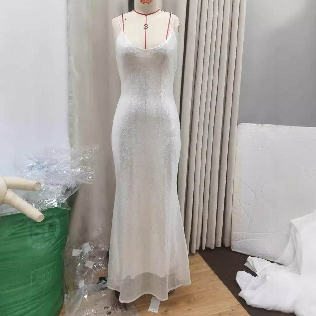 Elegant Silver Sling Dress - High-Waisted Evening Wear for Socialites - Buy Center