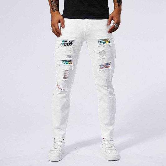 Men's Slim Fit White Ripped Jeans - Trendy Patchwork Style for 2025