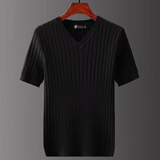 Korean Style Men's V-Neck T-Shirt - Trendy Striped Short Sleeve Design - Buy Center