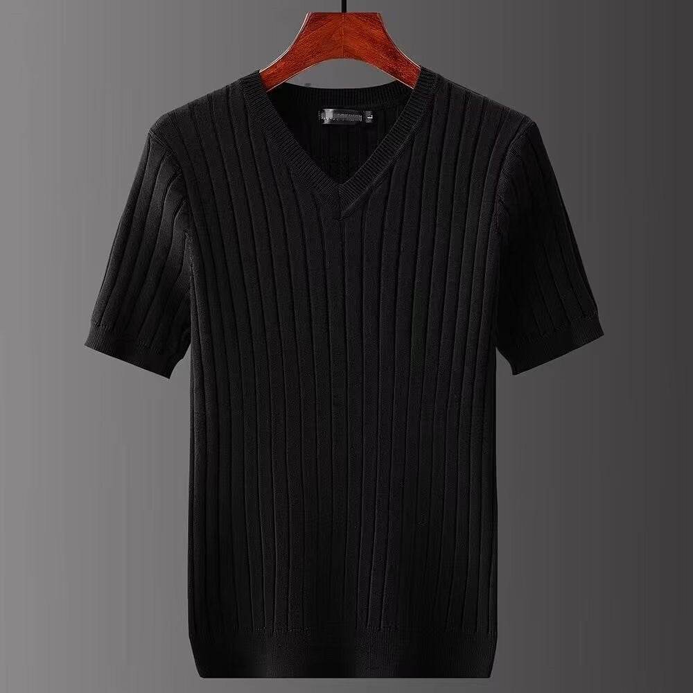 Korean Style Men's V-Neck T-Shirt - Trendy Striped Short Sleeve Design - Buy Center