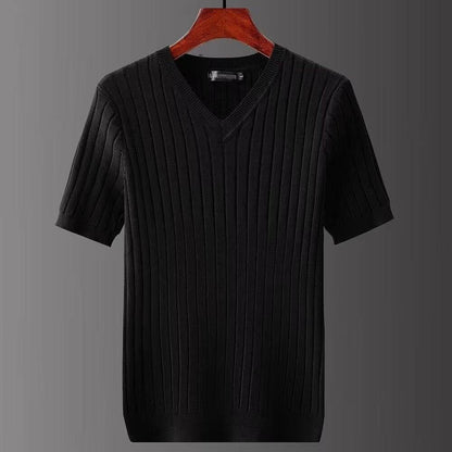 Korean Style Men's V-Neck T-Shirt - Trendy Striped Short Sleeve Design - Buy Center