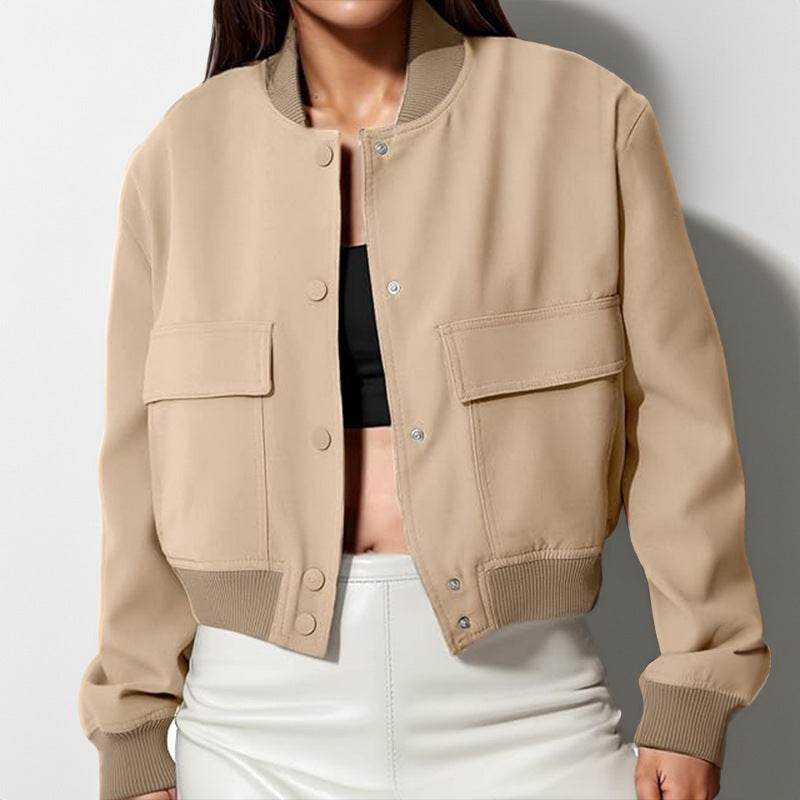 Buycenter Women's Jacket Coat - Stand Collar, Large Pocket, Short Length - Buy Center