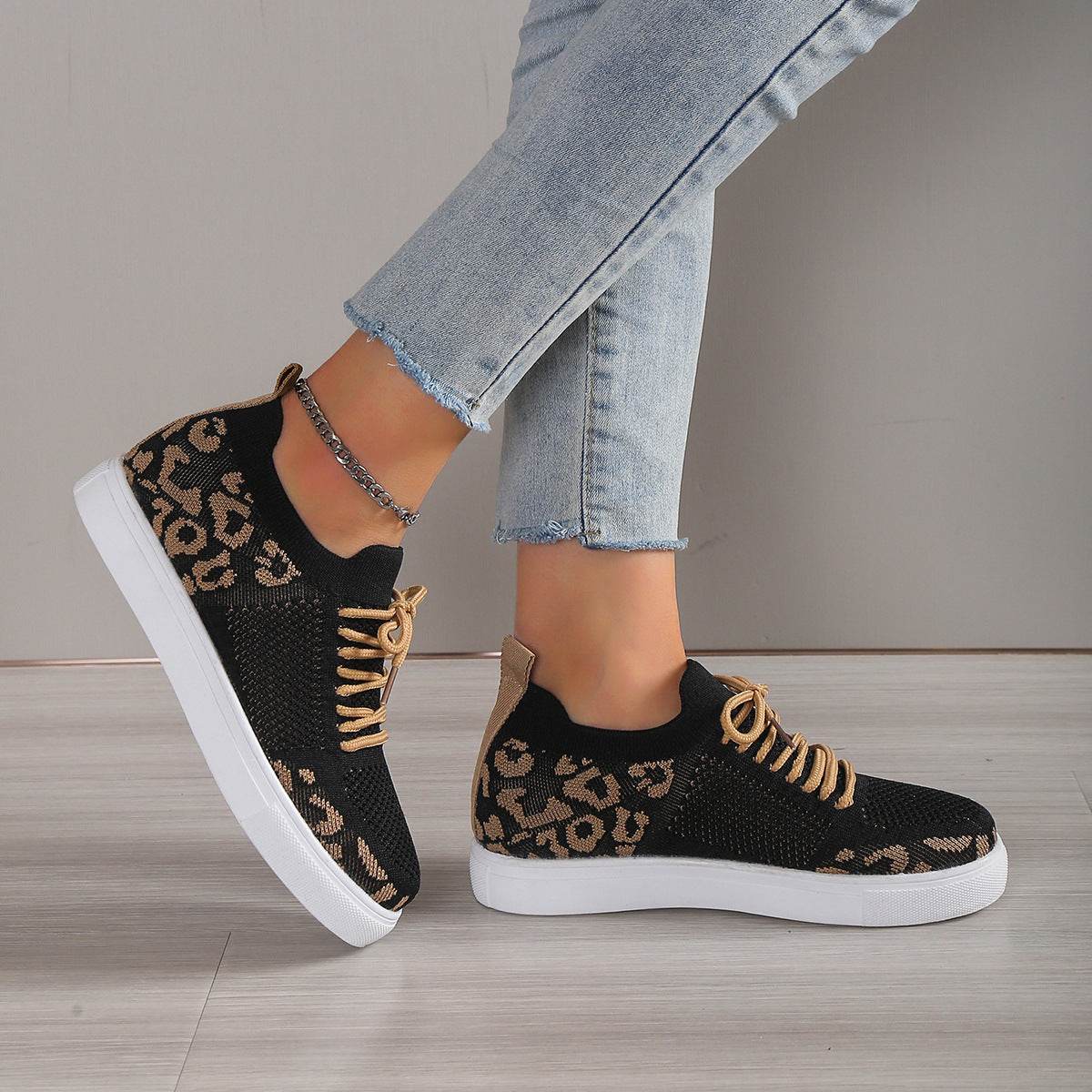 Buycenter Women's Casual Sports Flats - Leopard Print Flyknit Shoes - Buy Center