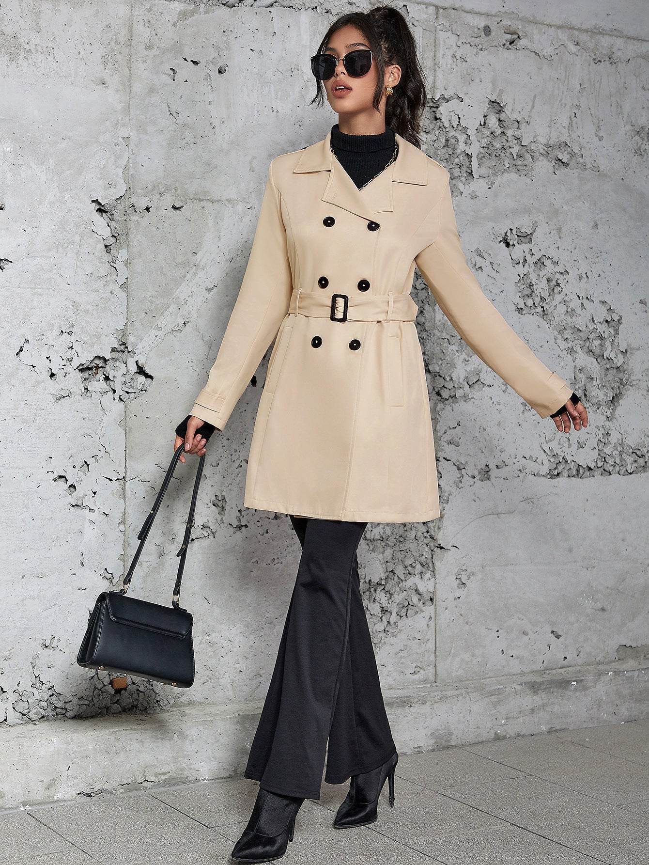 Women's Mid-Length Trench Coat - Elegant Apricot Design, British Style - Buy Center