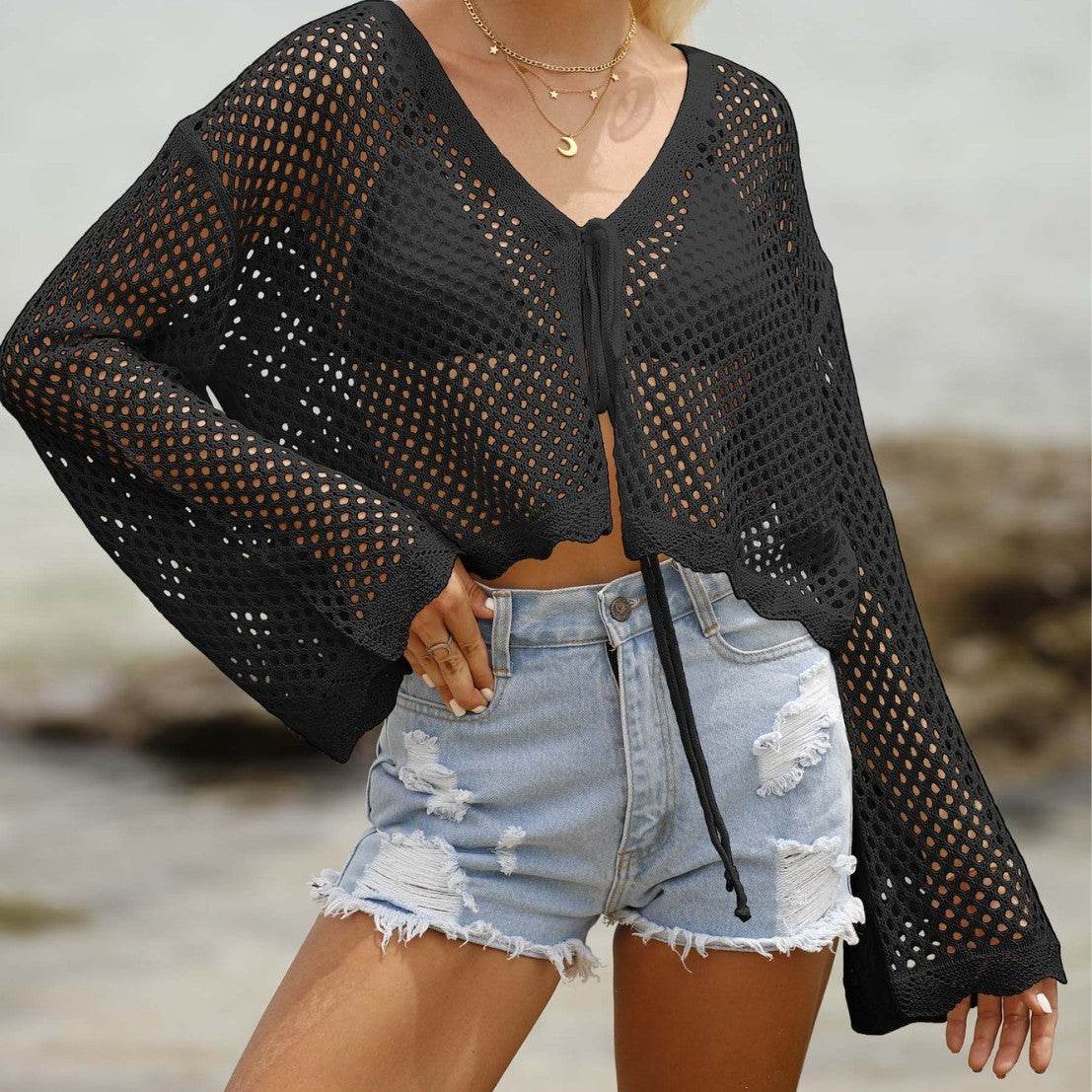 Buycenter Women's Lace-up Cardigan Blouse - Sun Protection, Long-sleeved - Buy Center