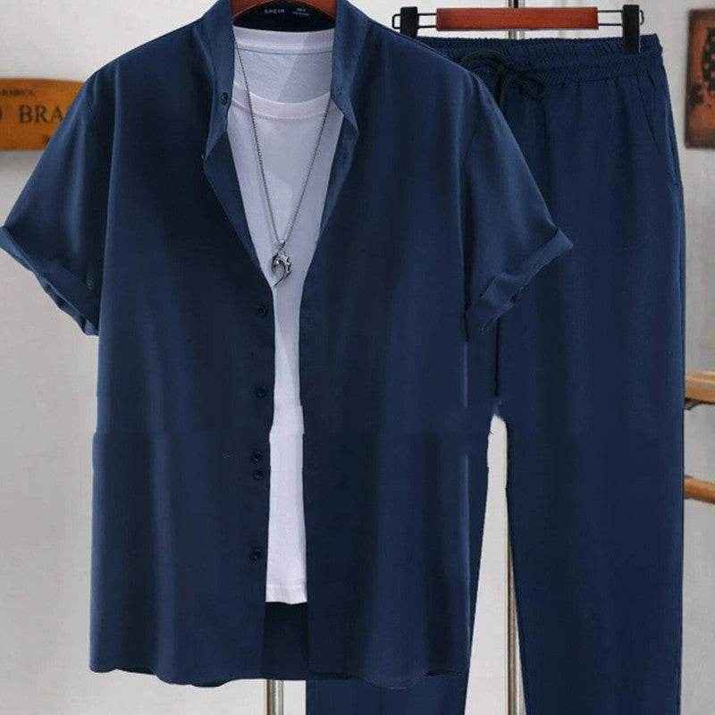 Men's Short Sleeve Cardigan Suit - Casual Summer Shirt & Pants Set
