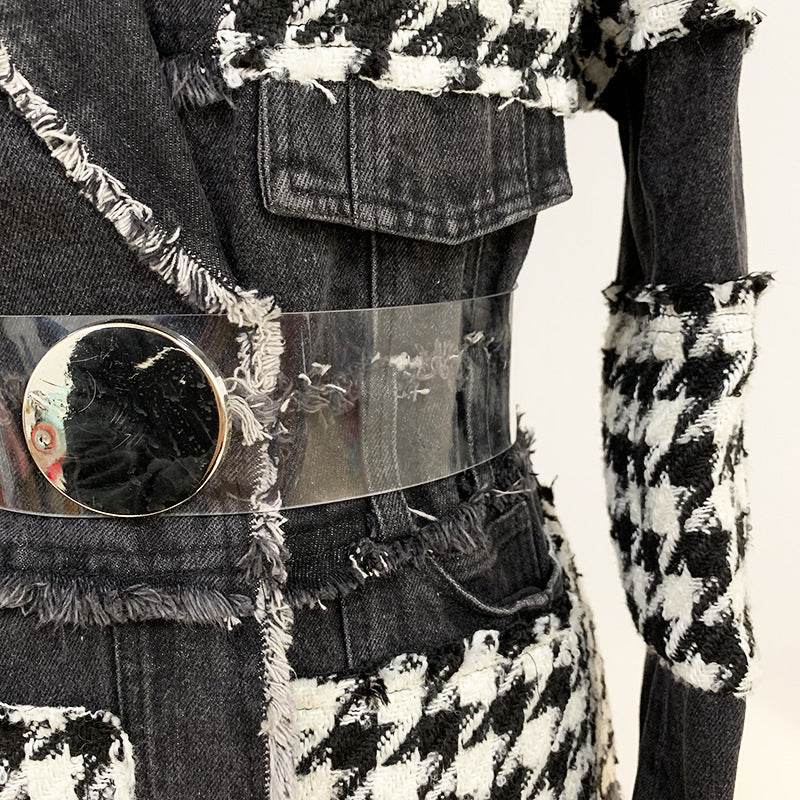 Buycenter Women's Tweed Houndstooth Denim Trench - Slim Fit Style - Buy Center