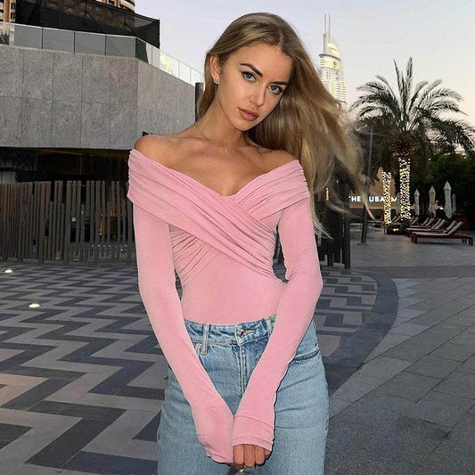 Buycenter Fashion Off-Shoulder V-Neck Slim-Fit Long Sleeve Top - Buy Center