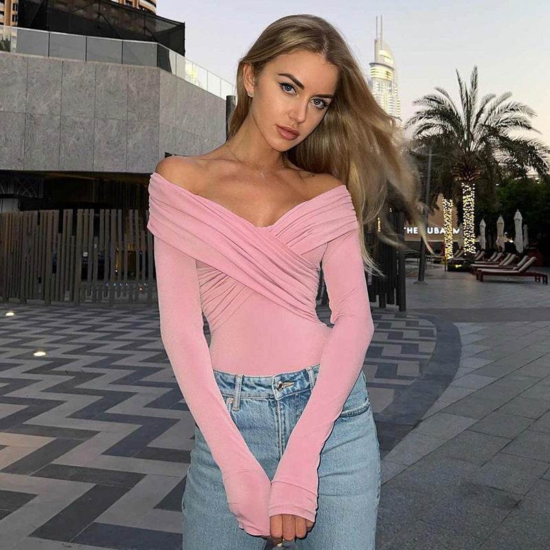 Buycenter Fashion Off-Shoulder V-Neck Slim-Fit Long Sleeve Top - Buy Center