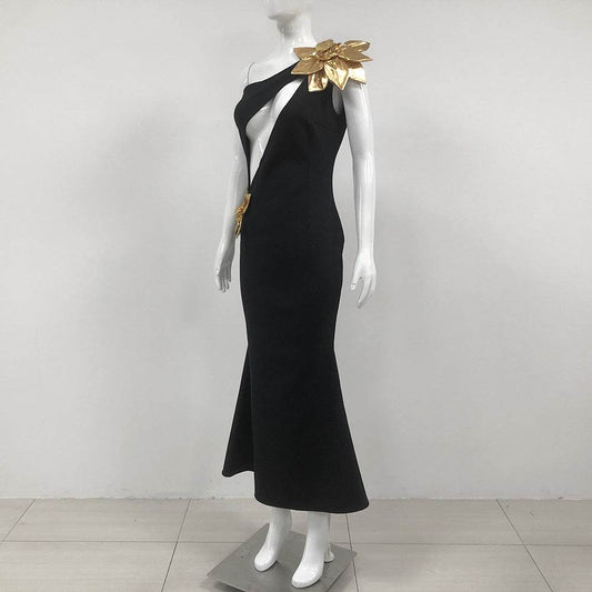 Elegant Slim-Fit Bandage Maxi Dress - Golden Flower Bridesmaid Style - Buy Center