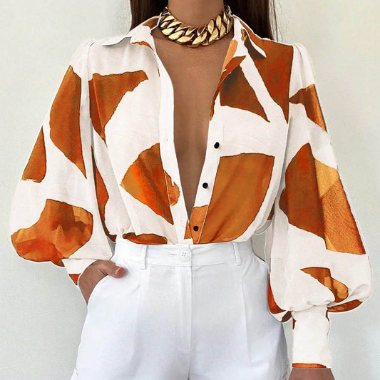 Buycenter Women's Long Sleeve Blouse - Casual Print with Shirt Collar - Buy Center
