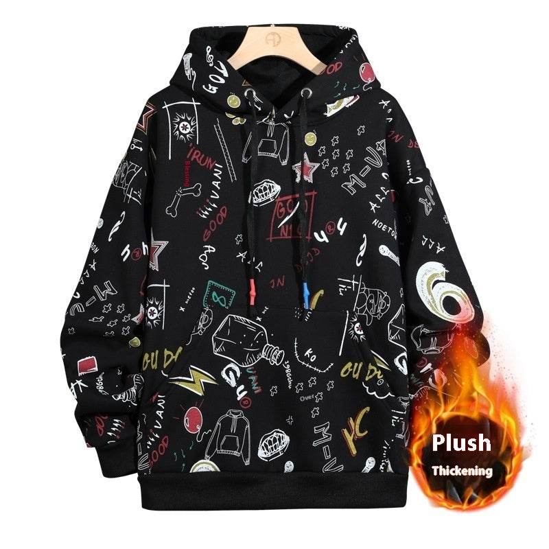 Men’s Fleece-Lined Graffiti Hoodie - Cozy Urban Style for Winter 2025 - Buy Center