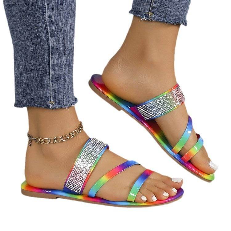 Buycenter Rhinestone Flat Slippers - Round Toe, Lightweight Casual Style - Buy Center