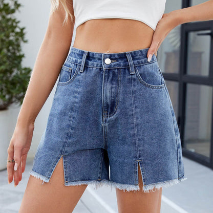 Buycenter Women's Washed Denim Shorts - Frayed Hem, Mid Waist Style - Buy Center