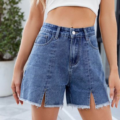 Buycenter Women's Washed Denim Shorts - Frayed Hem, Mid Waist Style - Buy Center
