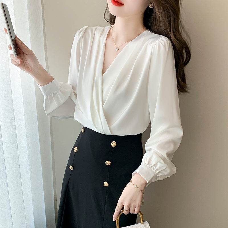 Women's V-Neck Satin Long-Sleeved Shirt - Stylish Work Blouse, Sizes S-2XL - Buy Center