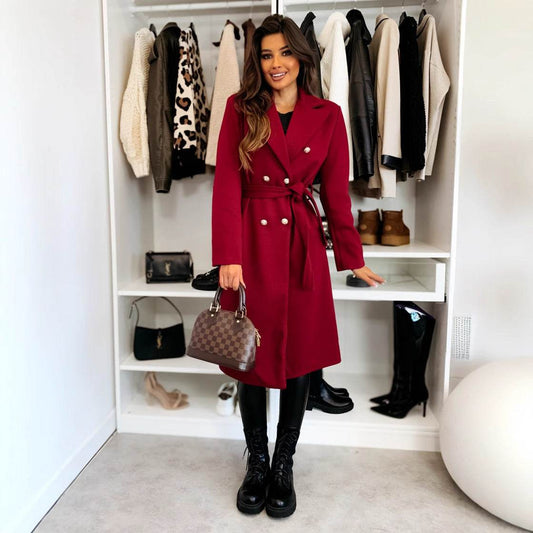 Stylish Double-Breasted Woolen Coat for Women - Trendy Lace-Up Design - Buy Center